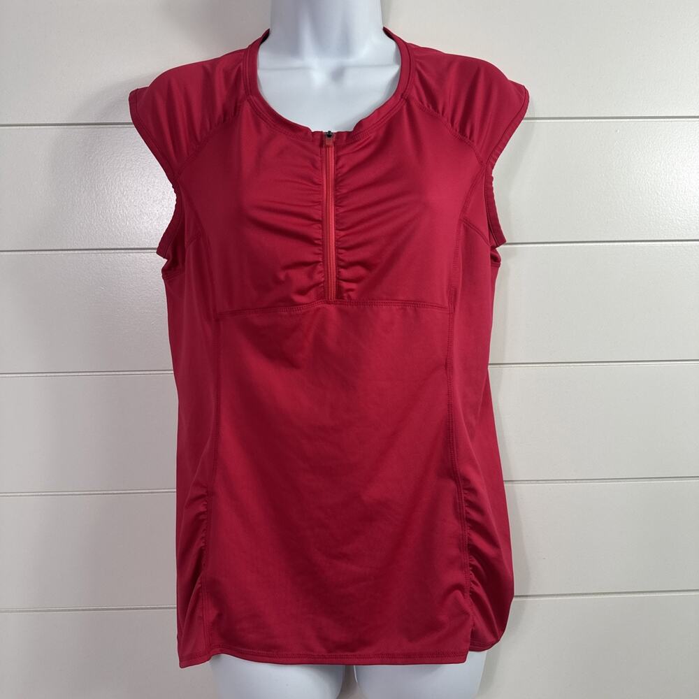 Athleta Intrepid Cap Sleeve Sun Shield Swim 1/4 Zip Shirt Red sz M